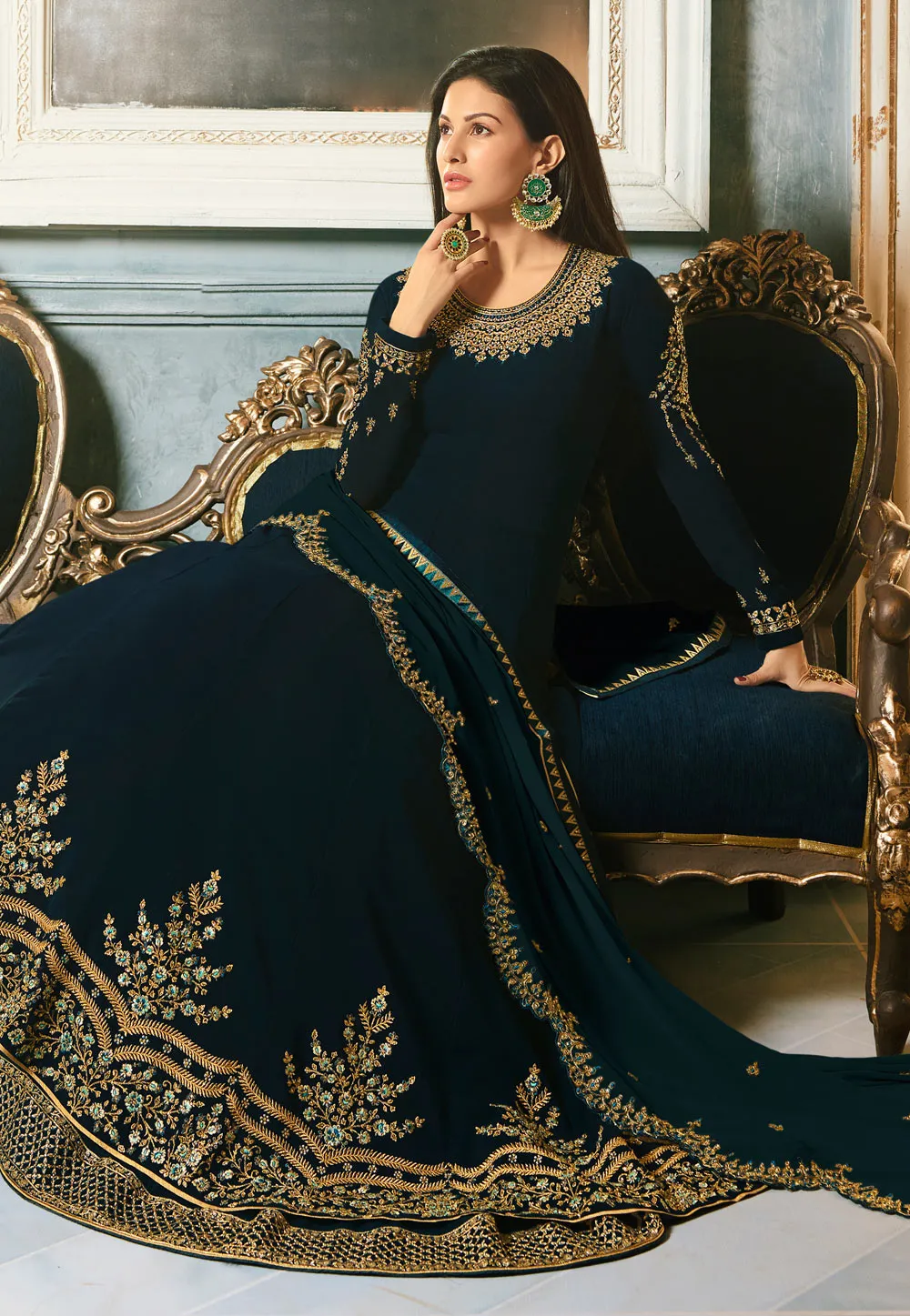 Peacock Green Golden Embroidered Anarkali Suit