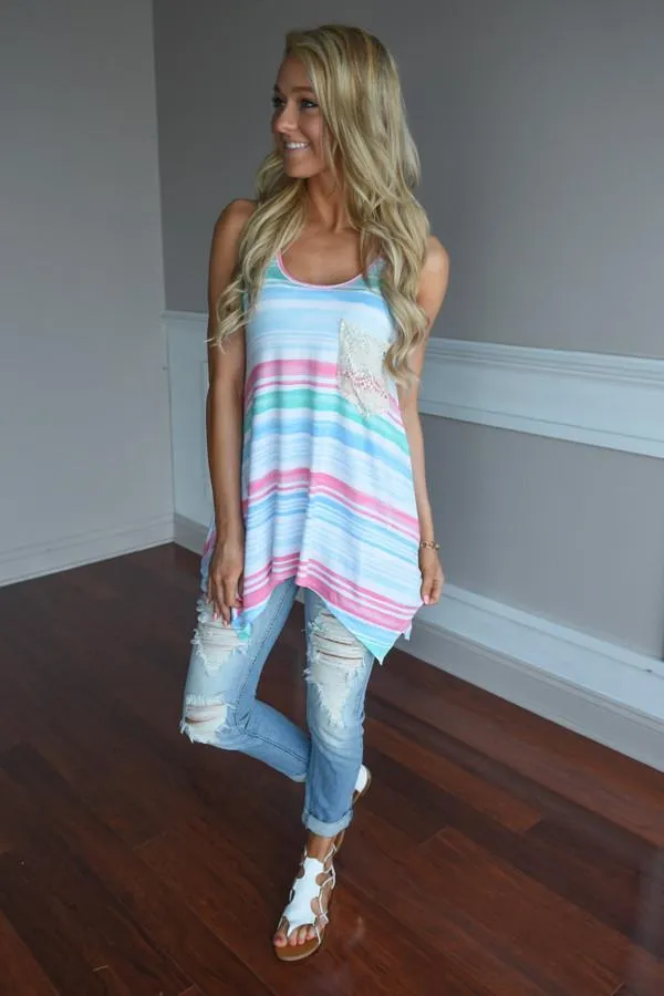 Pink & Blue Striped Pocket Top