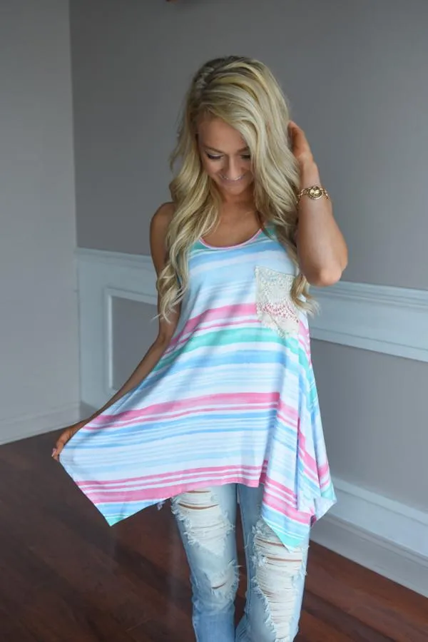Pink & Blue Striped Pocket Top