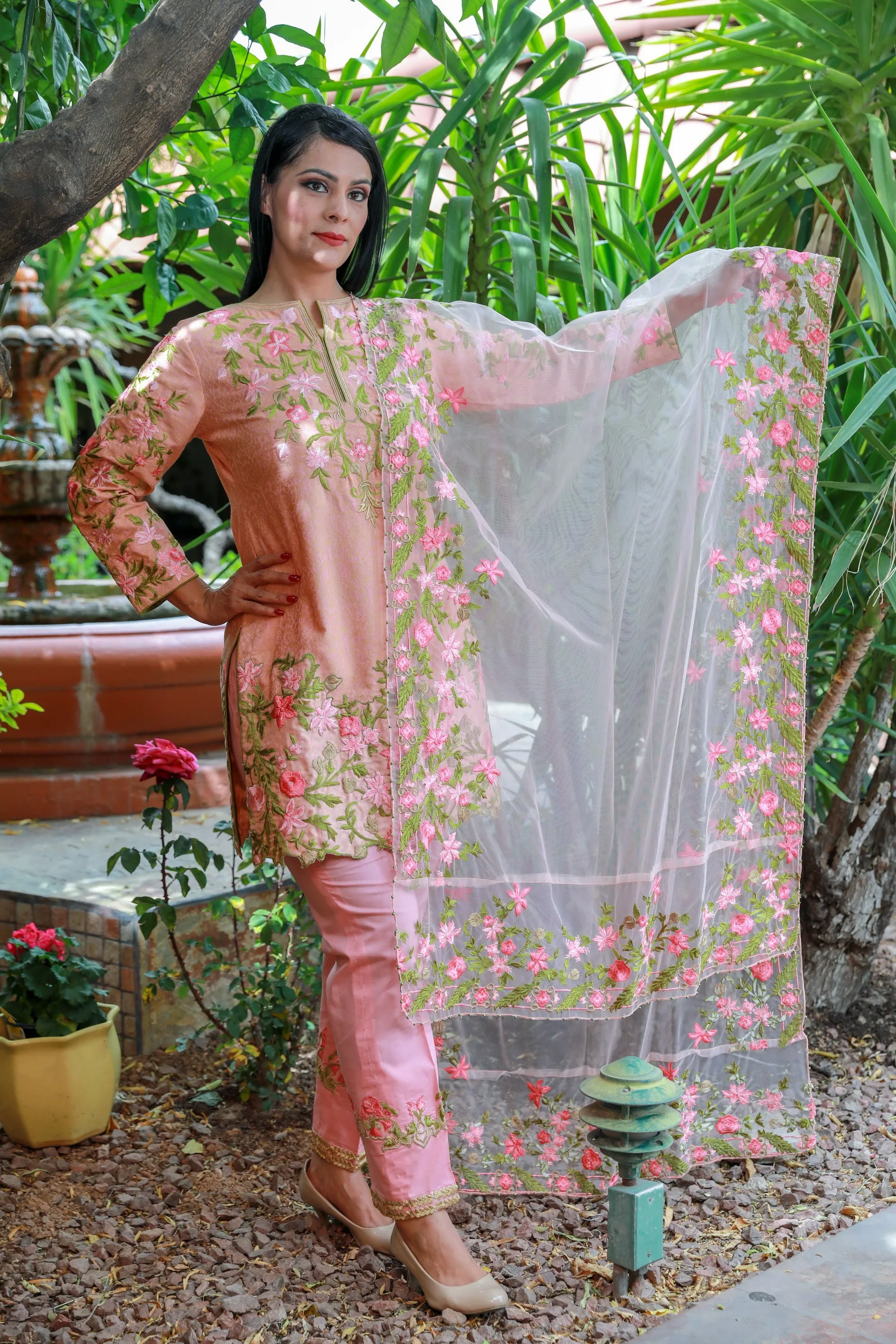 Pink Brocade and Cotton Suit - Salwar Kameez