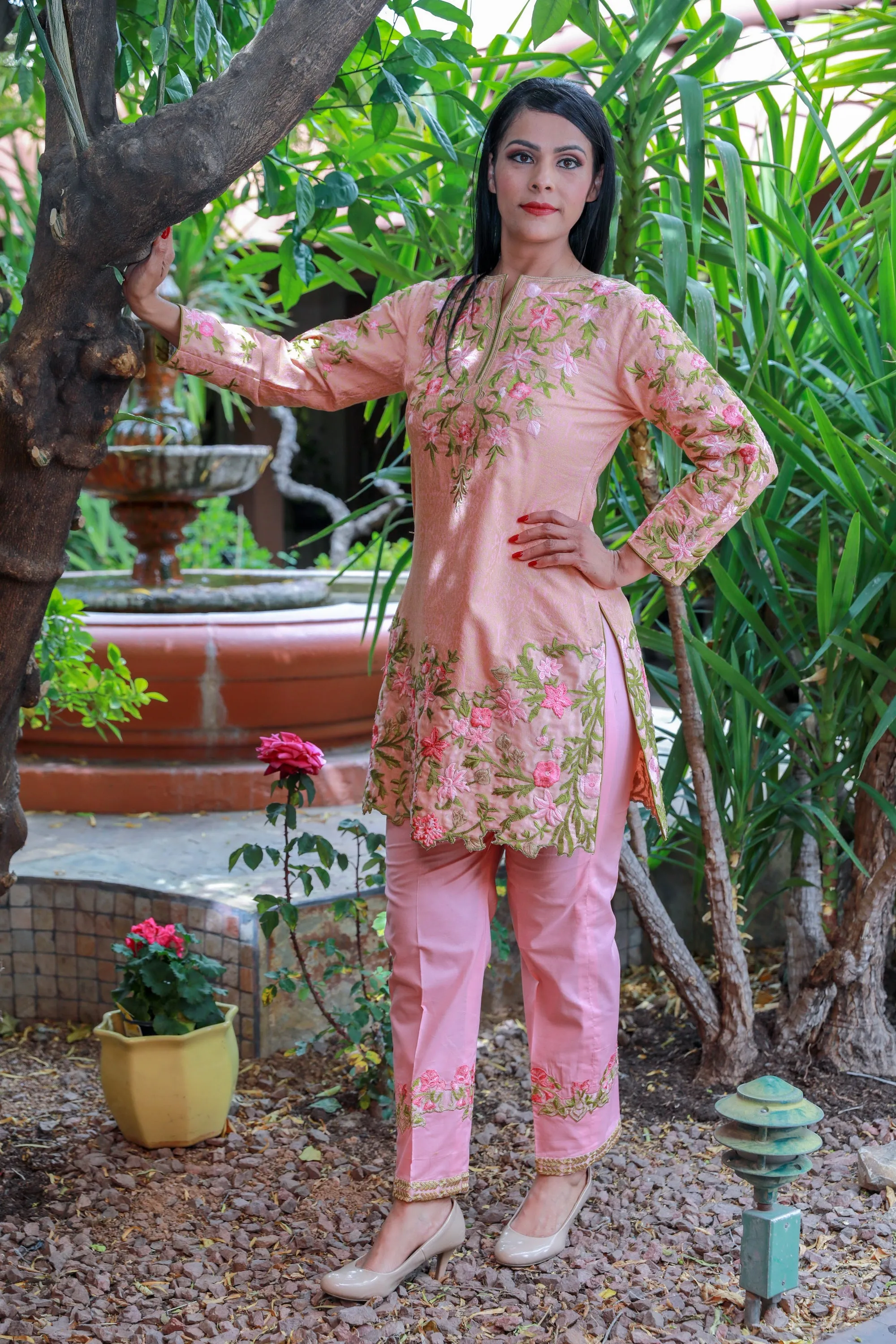 Pink Brocade and Cotton Suit - Salwar Kameez