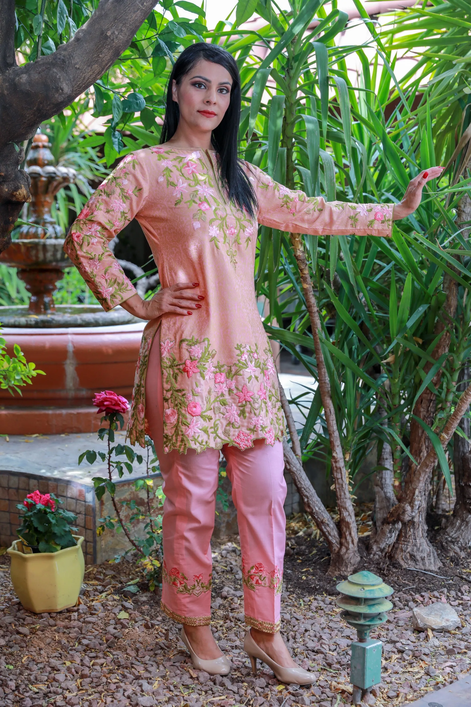 Pink Brocade and Cotton Suit - Salwar Kameez