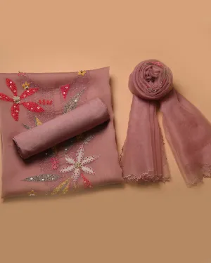 Pink Crushed Organza Embroidered Unstitched Suit Fabric Set With Organza Dupatta
