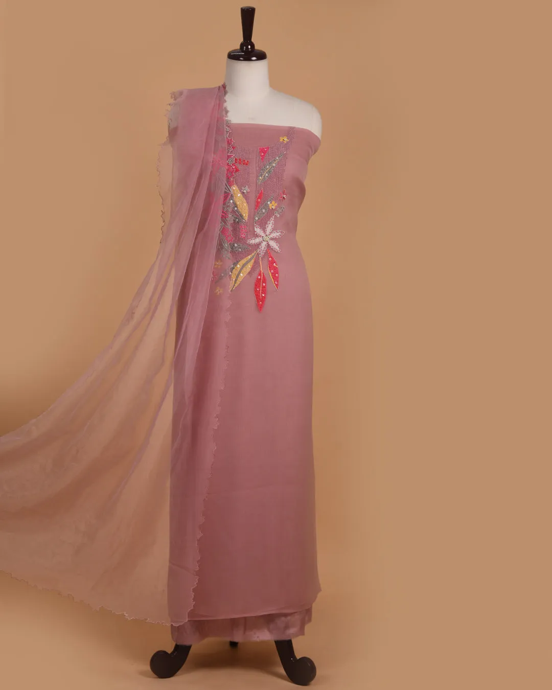 Pink Crushed Organza Embroidered Unstitched Suit Fabric Set With Organza Dupatta