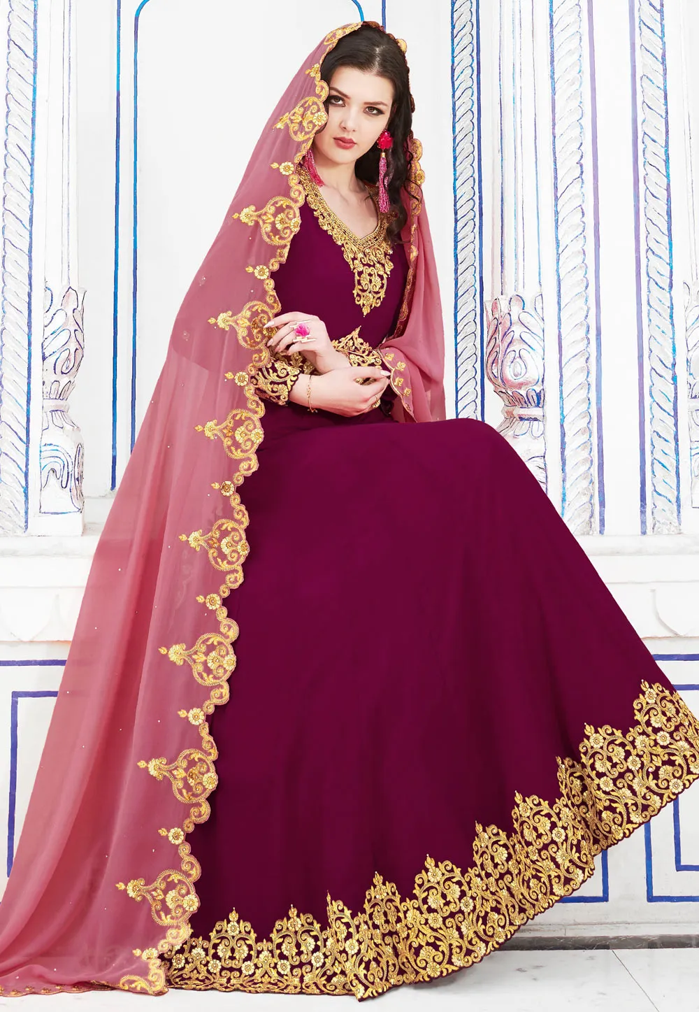 Pink Dual Tone Golden Embroidered Flared Anarkali Suit