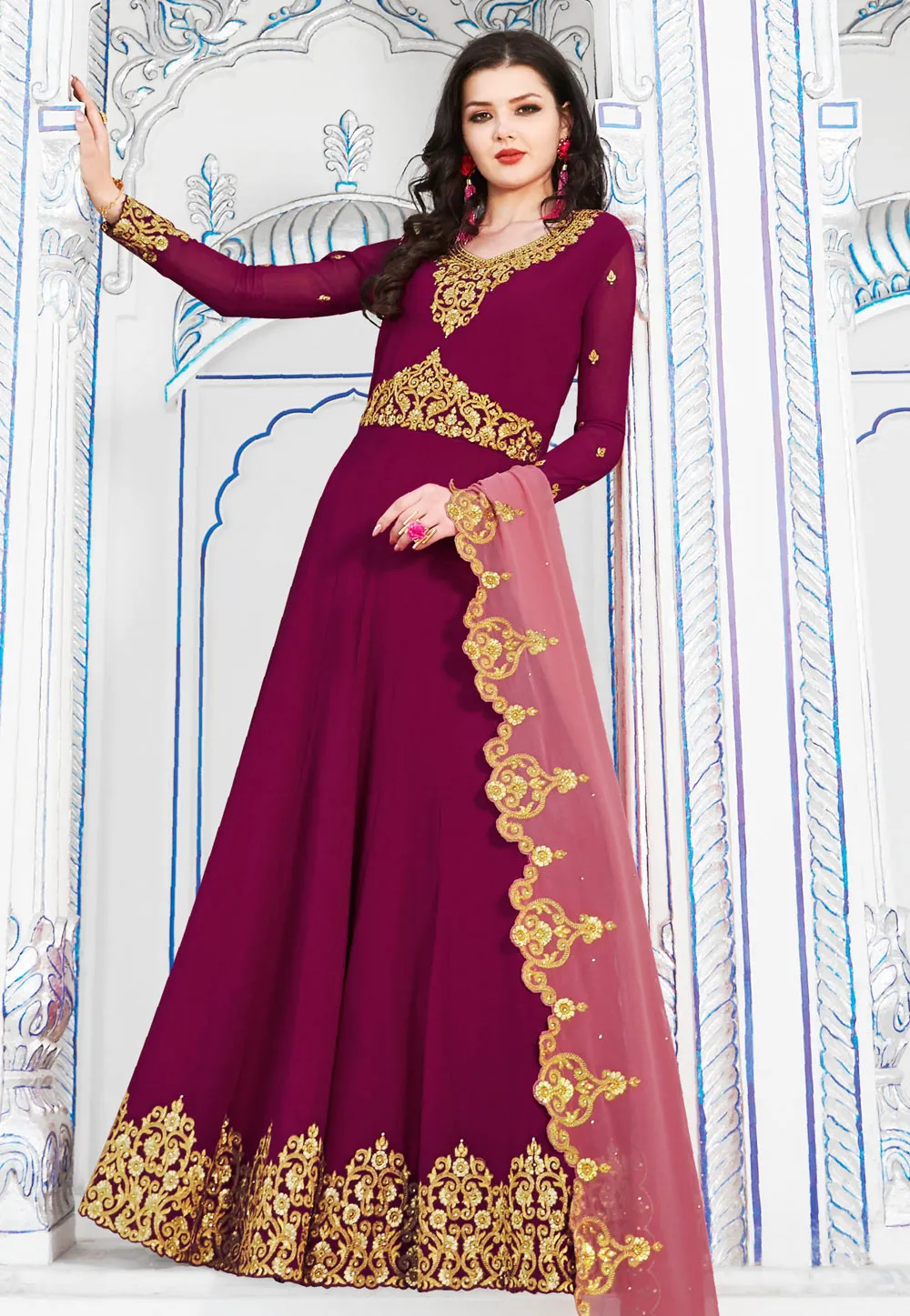 Pink Dual Tone Golden Embroidered Flared Anarkali Suit