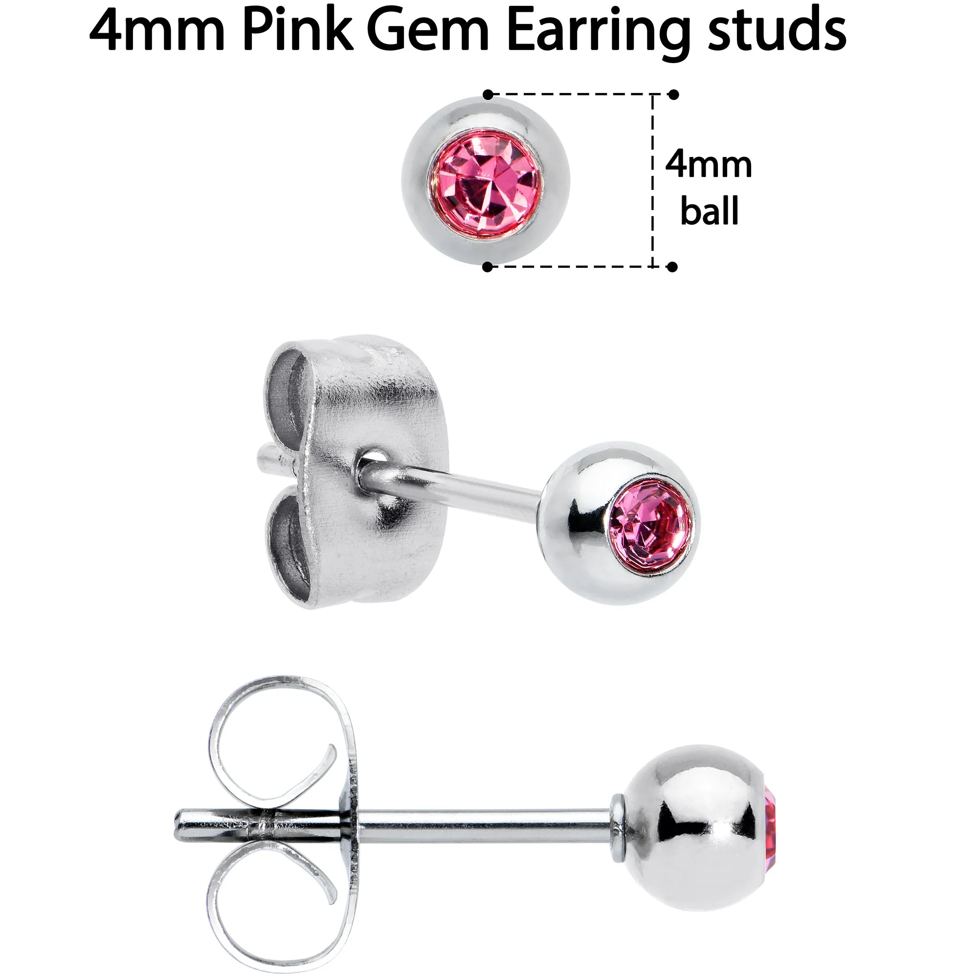 Pink Gem 3mm to 5mm Ball End Stud Earrings Set of 3