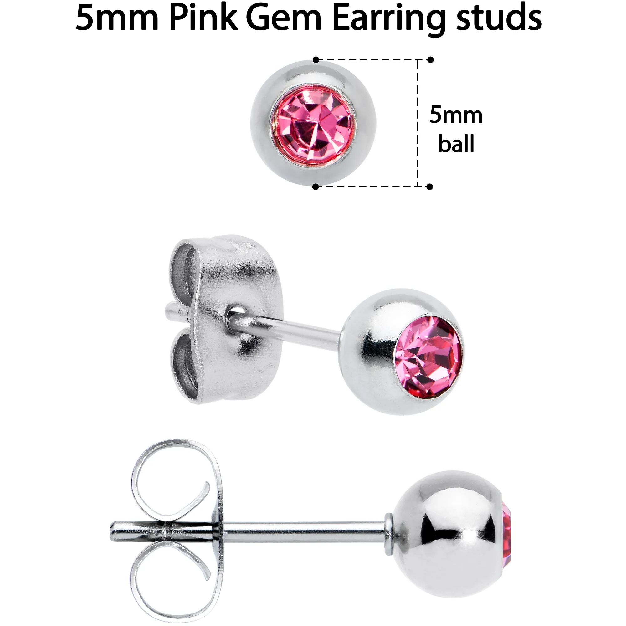 Pink Gem 3mm to 5mm Ball End Stud Earrings Set of 3