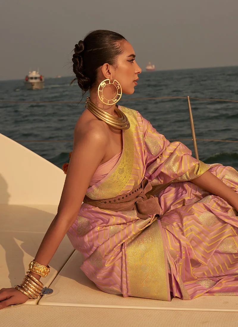 Pink Golden Two Tone Zari Weaved Satin Silk Saree