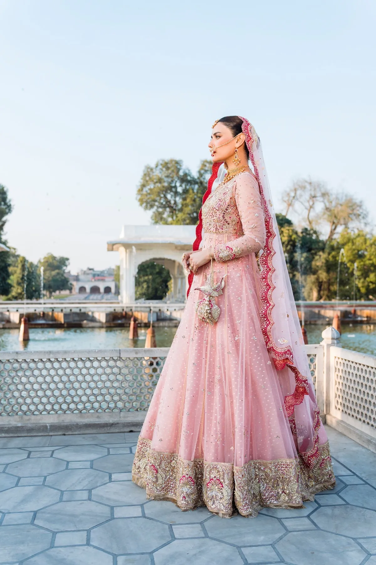 Pink Pakistani Bridal Dress in Frock and Lehenga Style