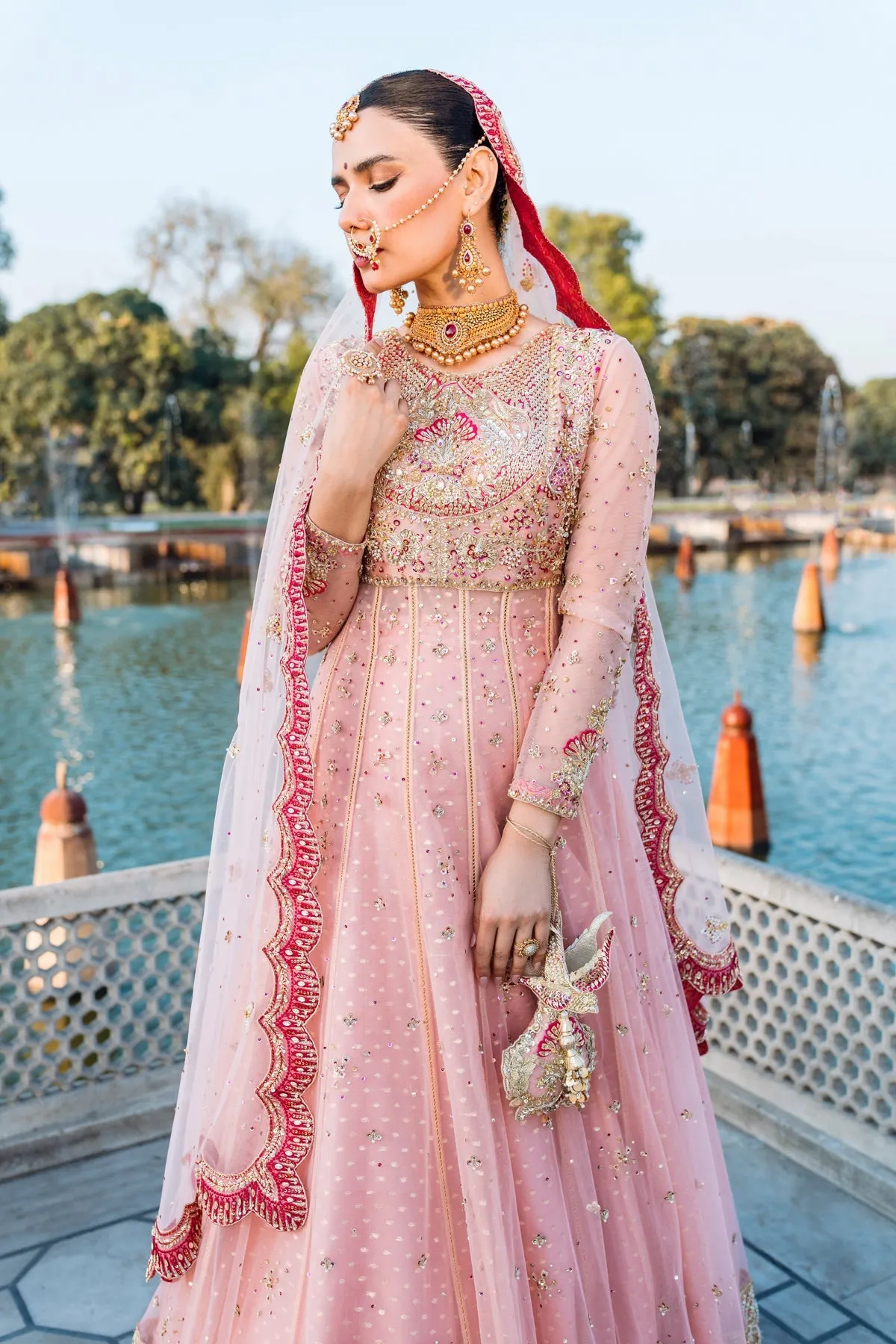 Pink Pakistani Bridal Dress in Frock and Lehenga Style