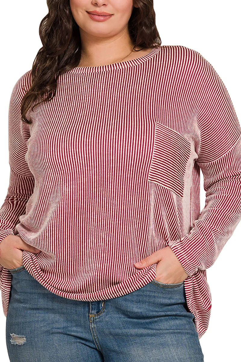 Plus Size Fall Festival Dark Red Oversized Striped Top