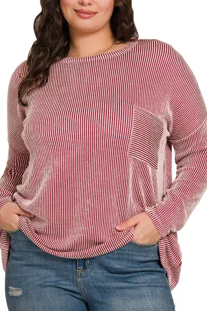 Plus Size Fall Festival Dark Red Oversized Striped Top