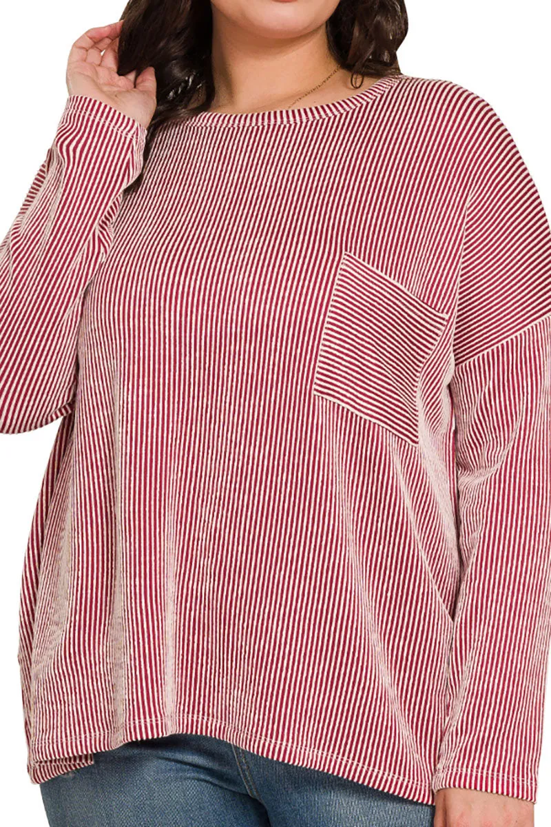 Plus Size Fall Festival Dark Red Oversized Striped Top