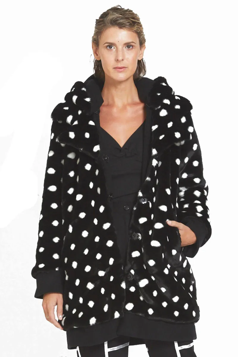 Polka Dot Faux Fur Coat with Detachable Hoody