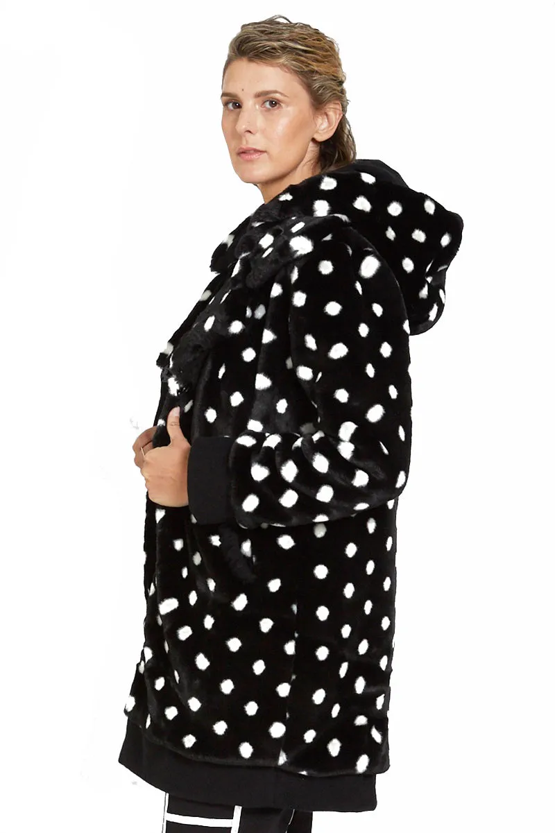 Polka Dot Faux Fur Coat with Detachable Hoody