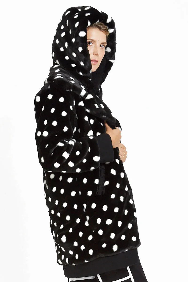 Polka Dot Faux Fur Coat with Detachable Hoody