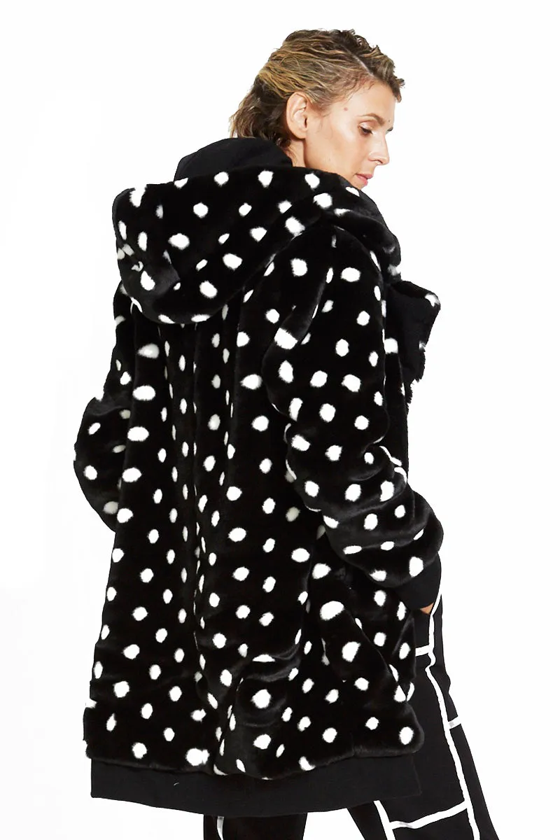 Polka Dot Faux Fur Coat with Detachable Hoody