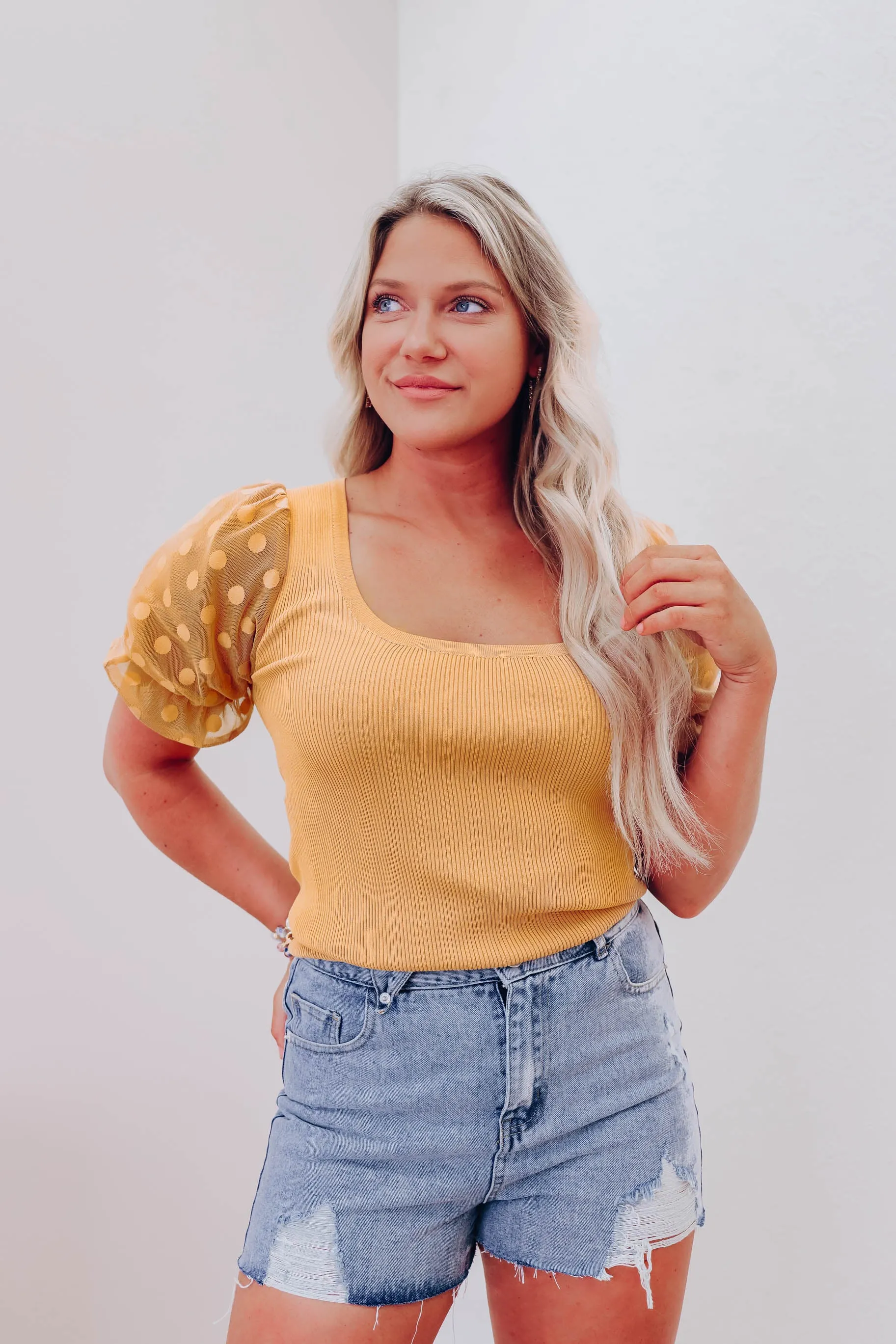 Polka Dot Puff Sleeve Top - Gold