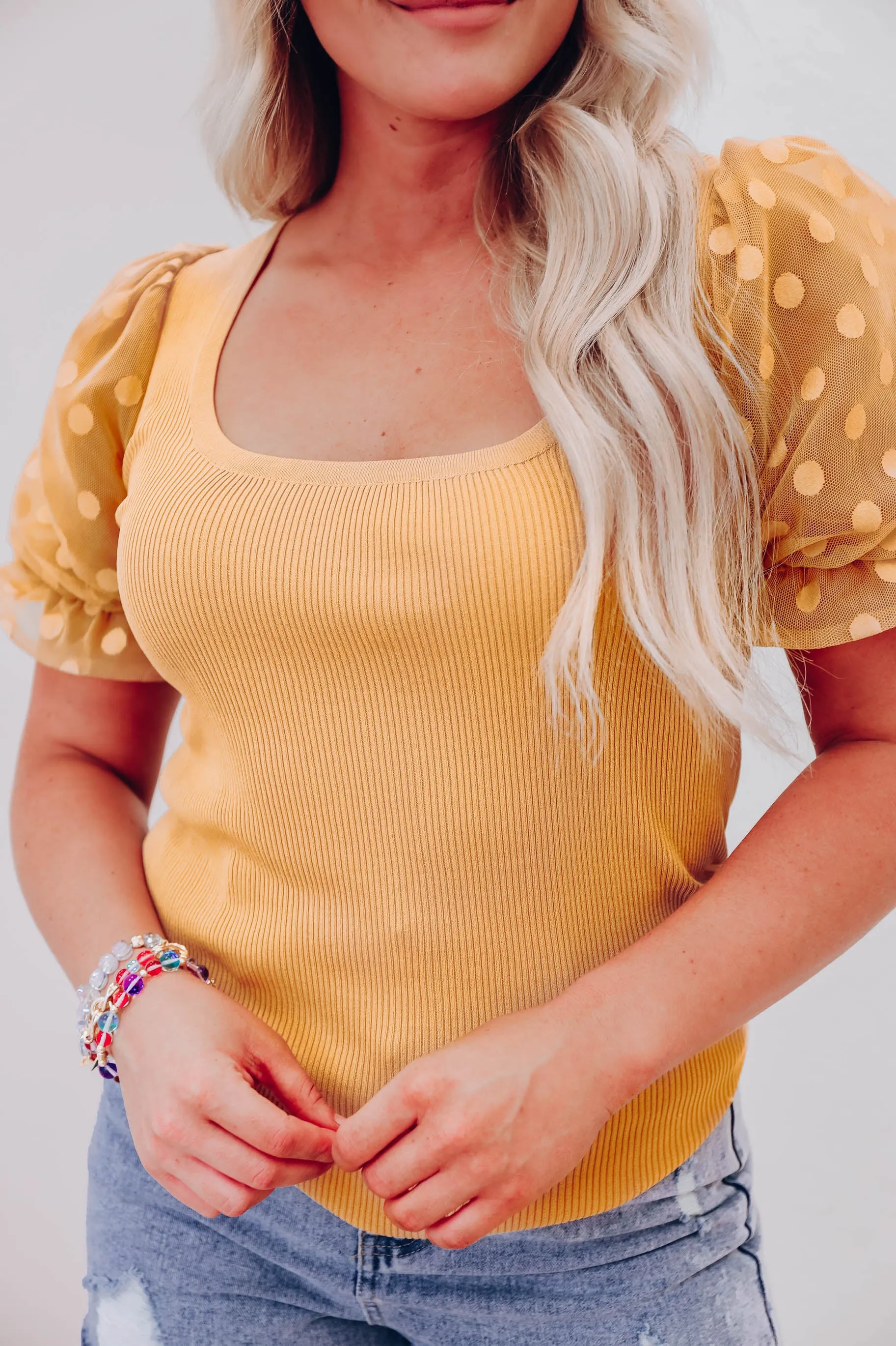 Polka Dot Puff Sleeve Top - Gold