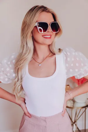 Polka Dot Puff Sleeve Top - White