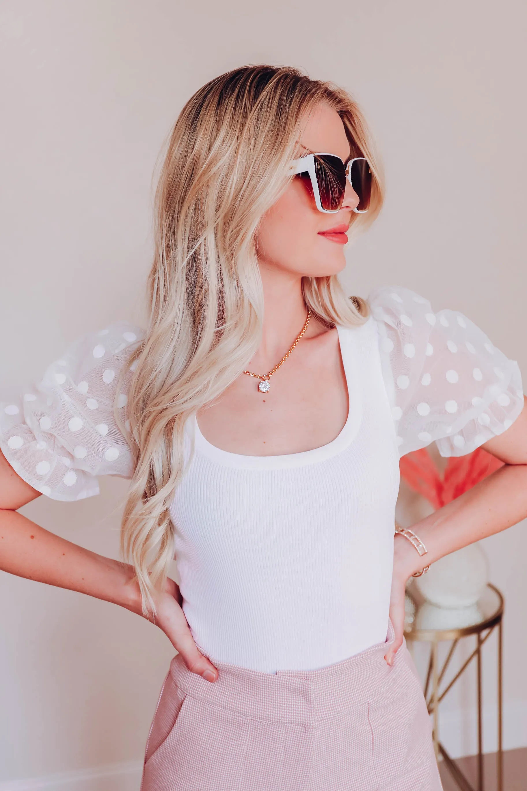Polka Dot Puff Sleeve Top - White