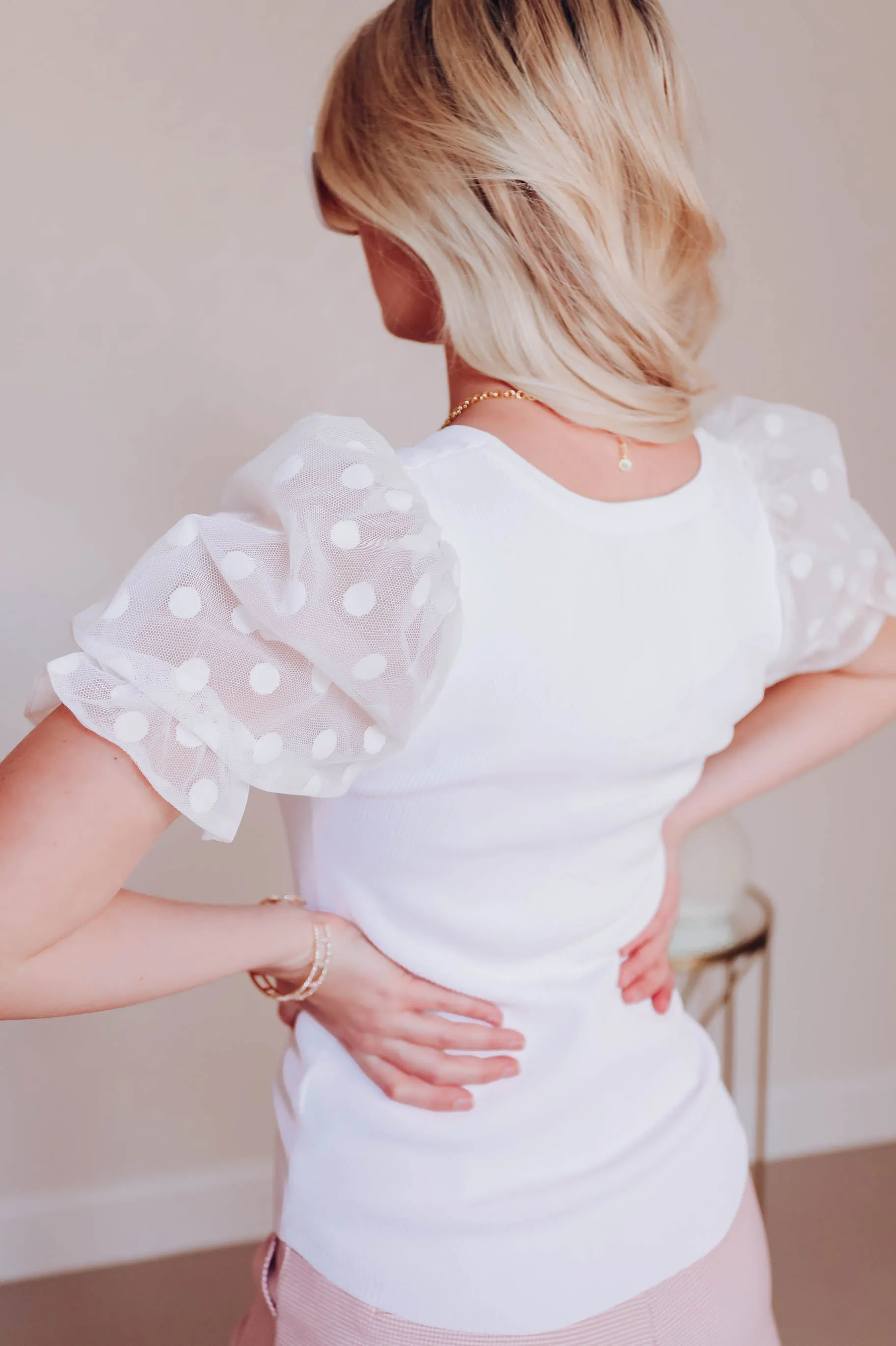 Polka Dot Puff Sleeve Top - White