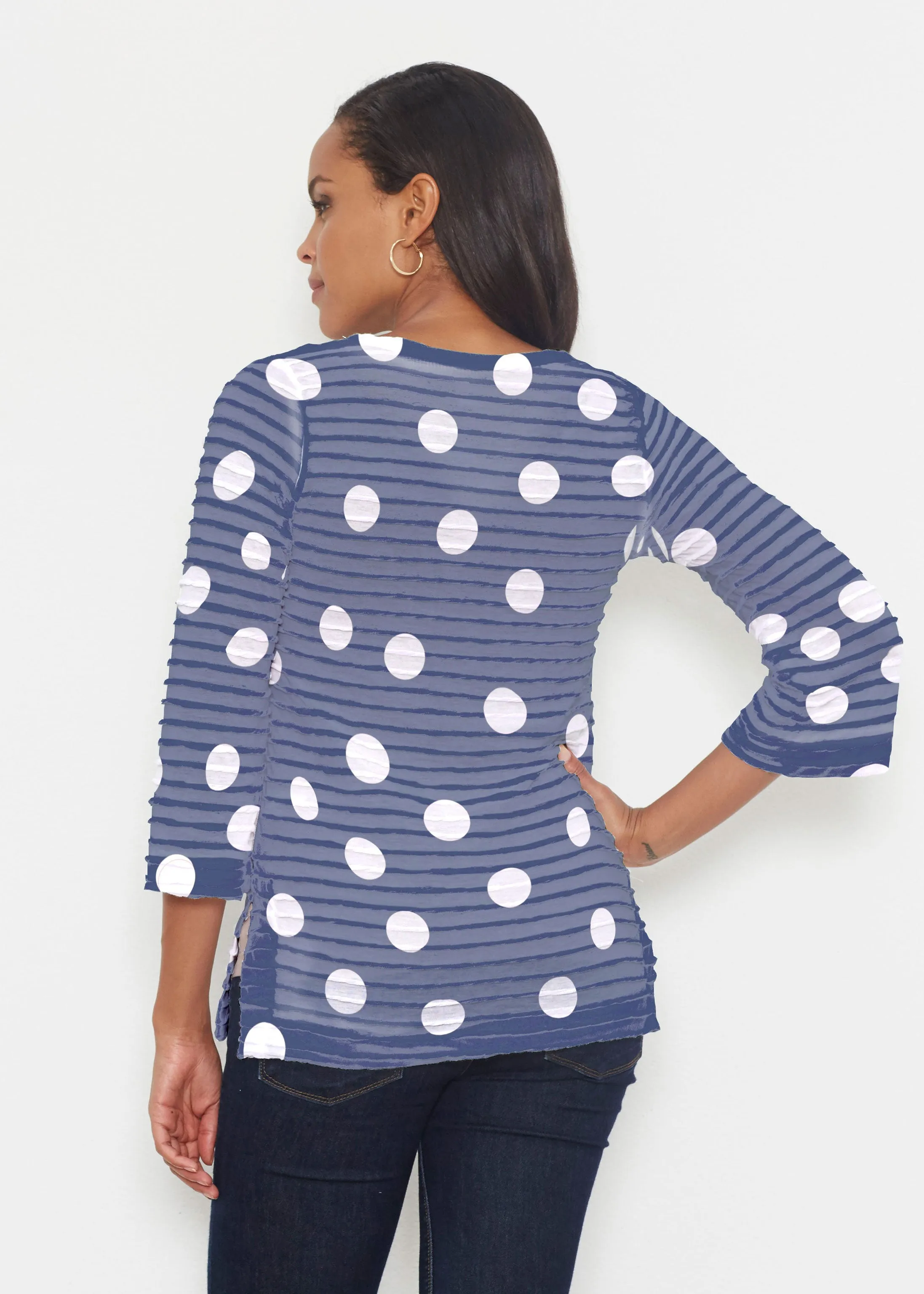 Poppy Navy Stripes-Dots (7028) ~ Banded 3/4 Bell-Sleeve V-Neck Tunic