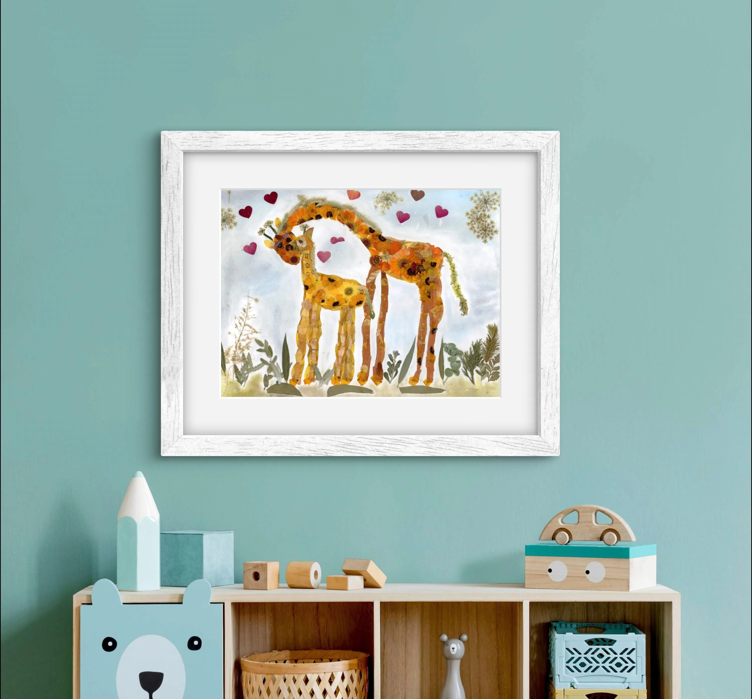 Pressed flower giraffe art, real flower art PRINT,  nursery wall art, Mother's Day art