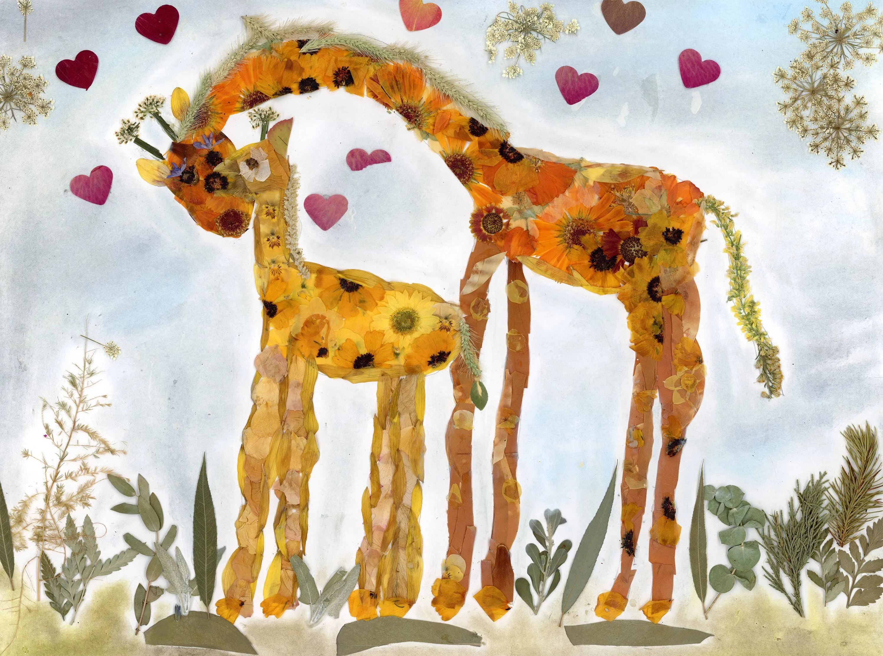 Pressed flower giraffe art, real flower art PRINT,  nursery wall art, Mother's Day art