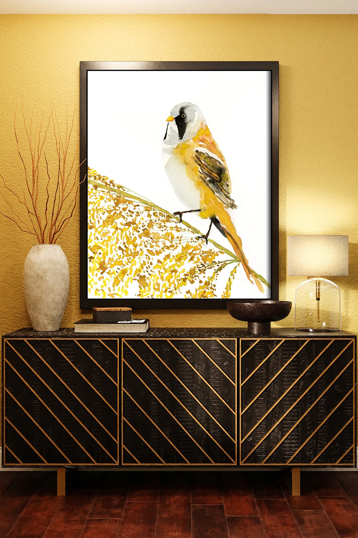 "Bearded Reedling" Yellow Bird Art Print