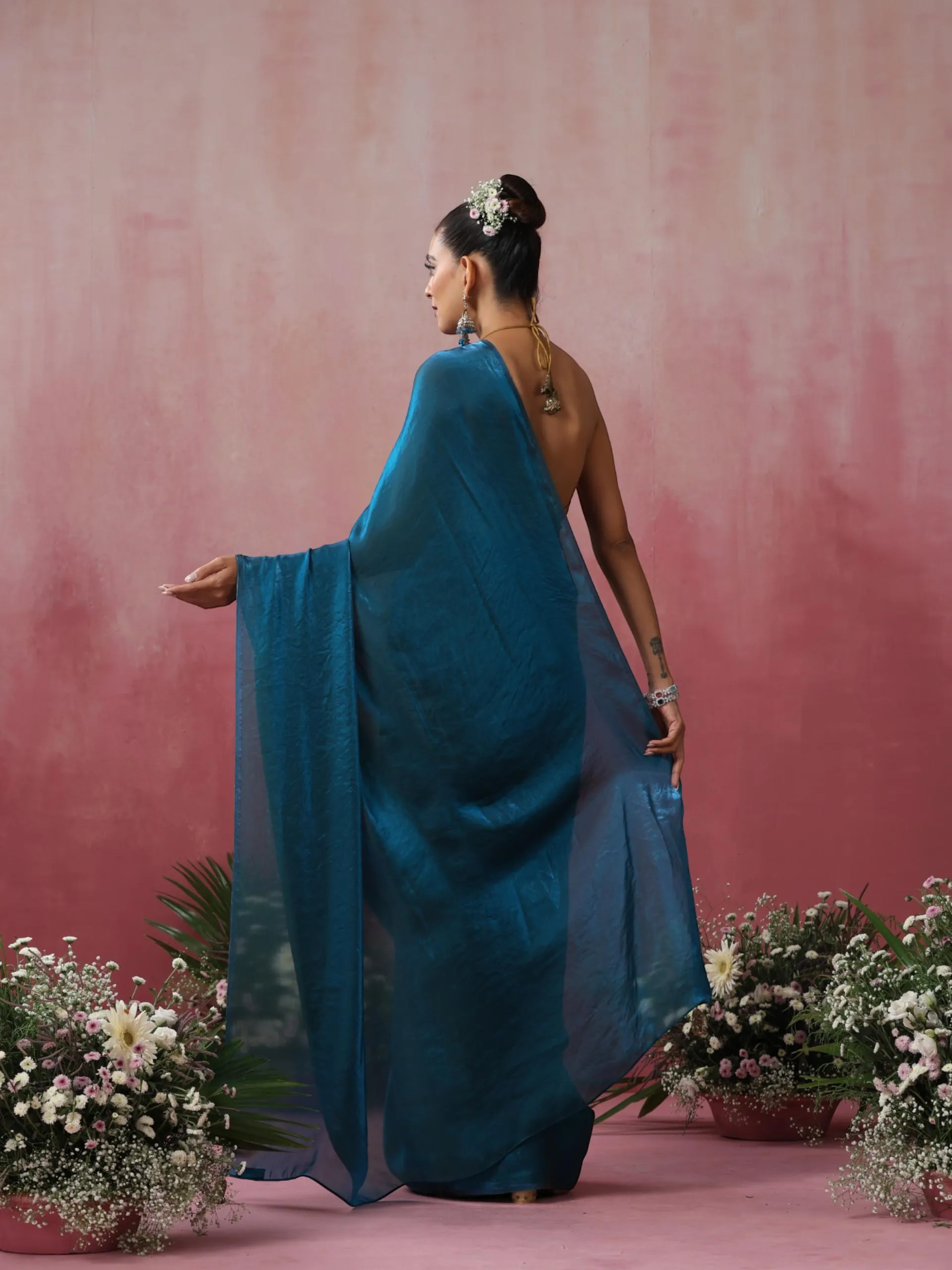 Rama Blue Green Metallic Satin Saree