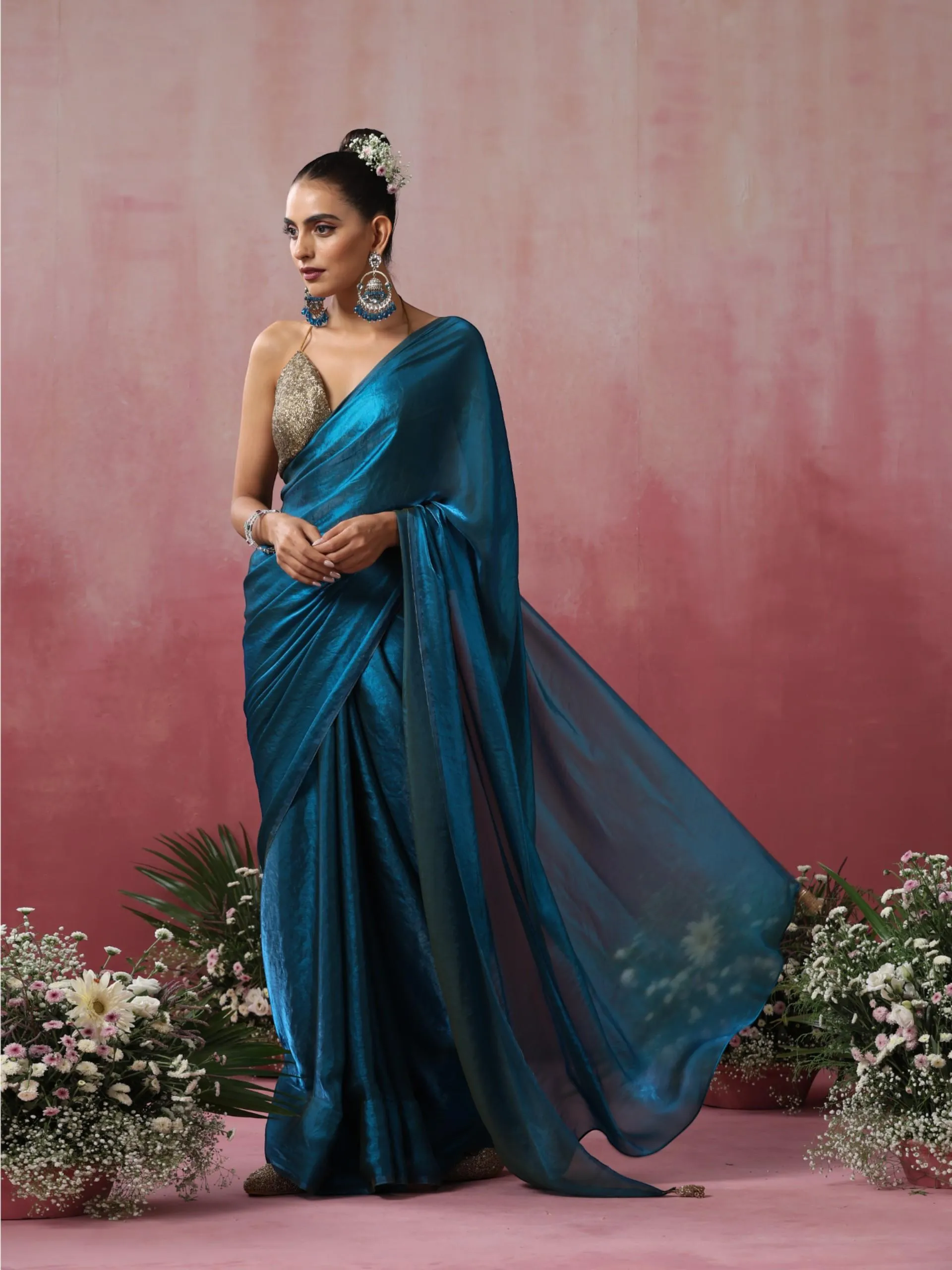 Rama Blue Green Metallic Satin Saree