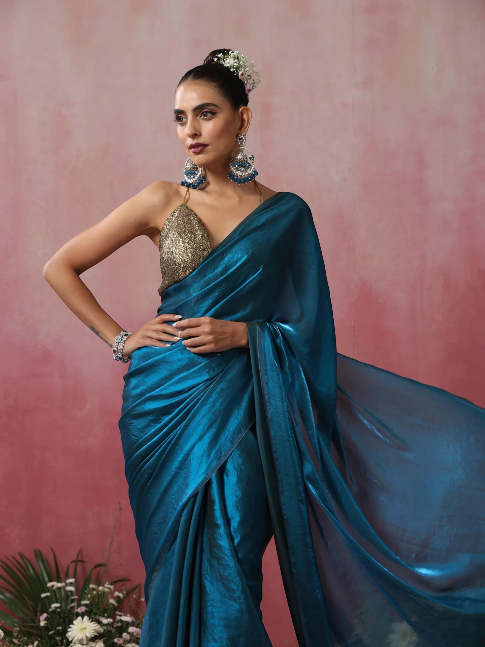 Rama Blue Green Metallic Satin Saree