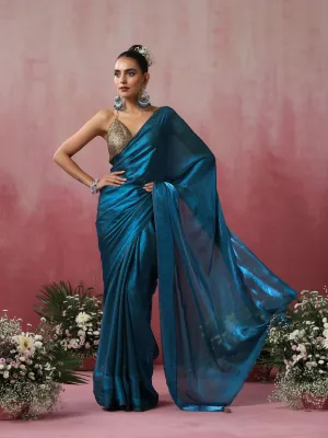 Rama Blue Green Metallic Satin Saree