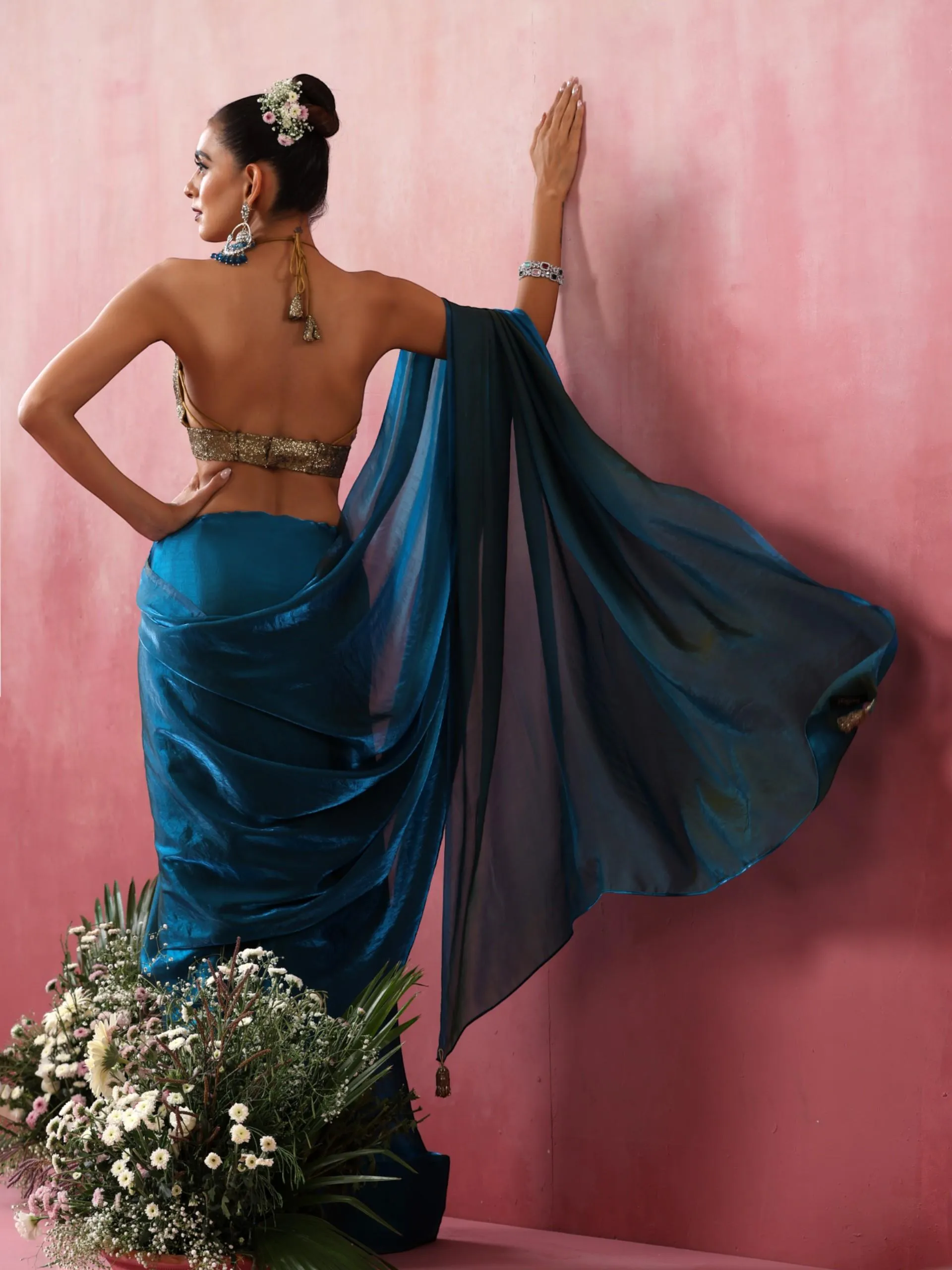 Rama Blue Green Metallic Satin Saree