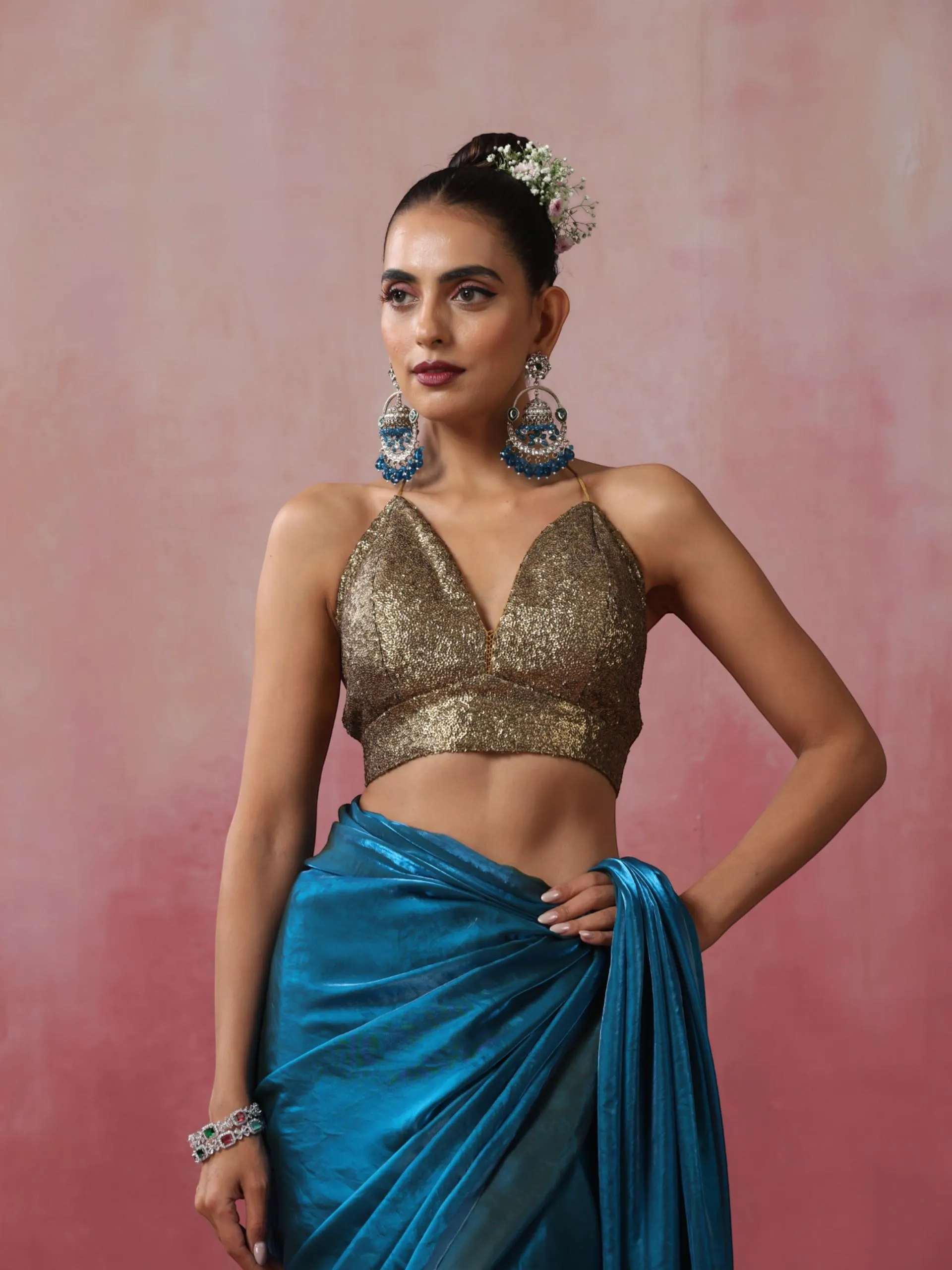 Rama Blue Green Metallic Satin Saree
