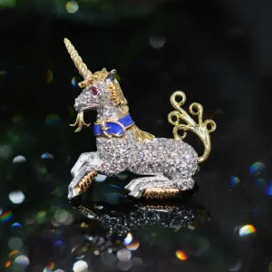 Rare 18K Yellow Gold And Platinum Diamond Unicorn Brooch By McTeigue