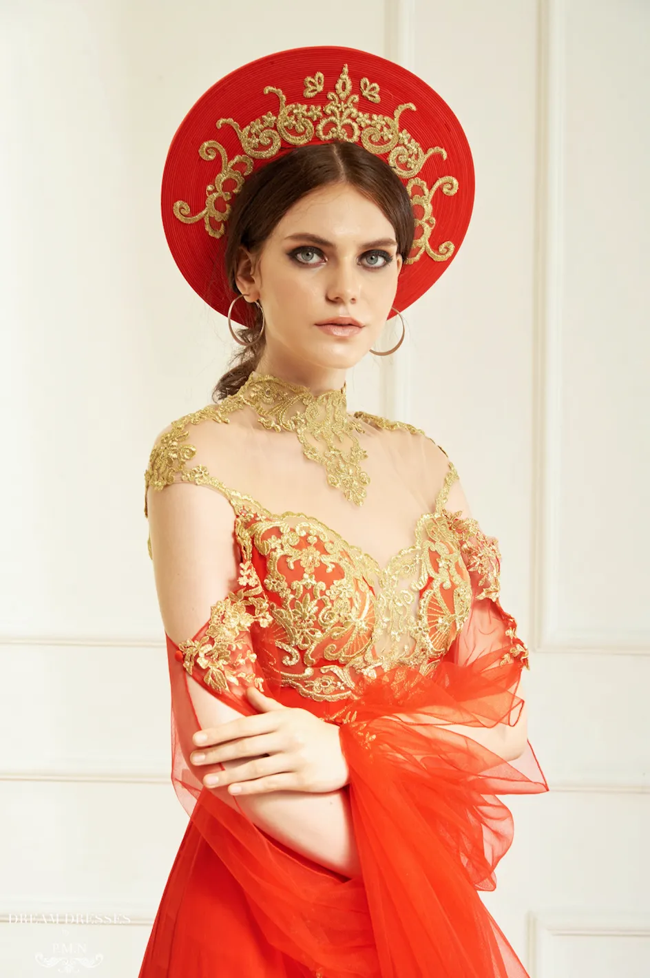Red Ao Dai Cape | Vietnamese Bridal Cape Sleeves (#ALANA)
