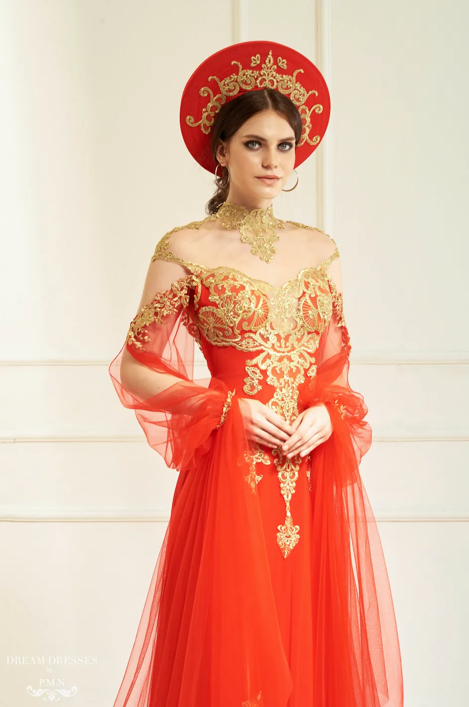 Red Ao Dai Cape | Vietnamese Bridal Cape Sleeves (#ALANA)