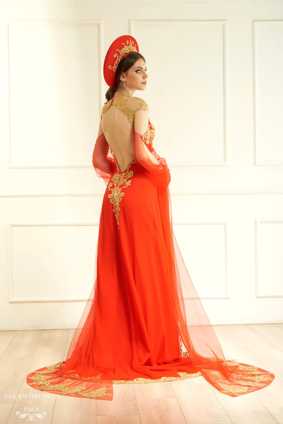 Red Ao Dai Cape | Vietnamese Bridal Cape Sleeves (#ALANA)