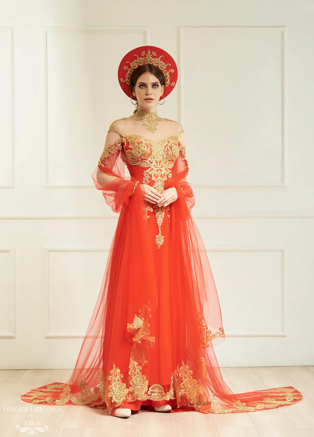 Red Ao Dai Cape | Vietnamese Bridal Cape Sleeves (#ALANA)