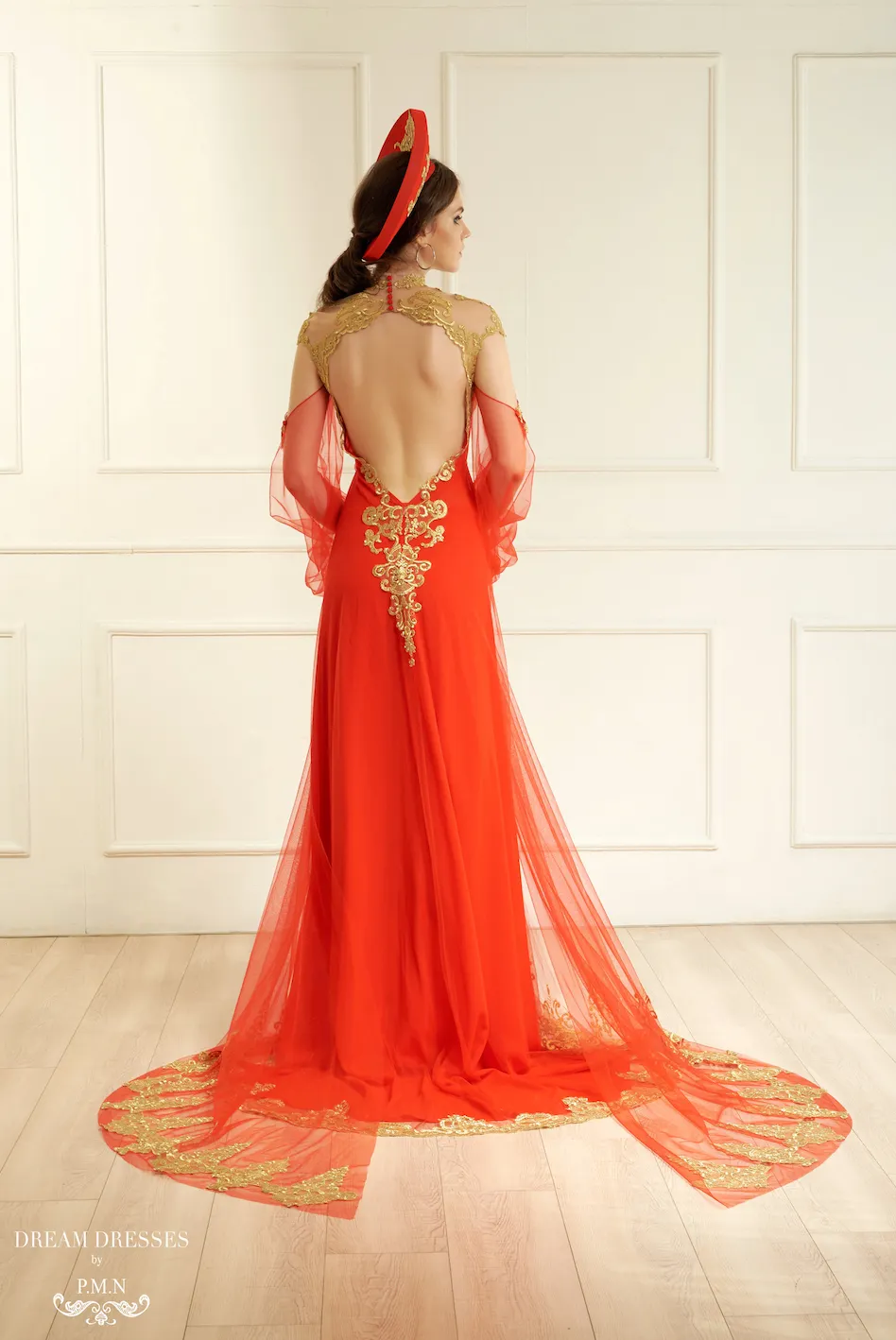 Red Ao Dai Cape | Vietnamese Bridal Cape Sleeves (#ALANA)