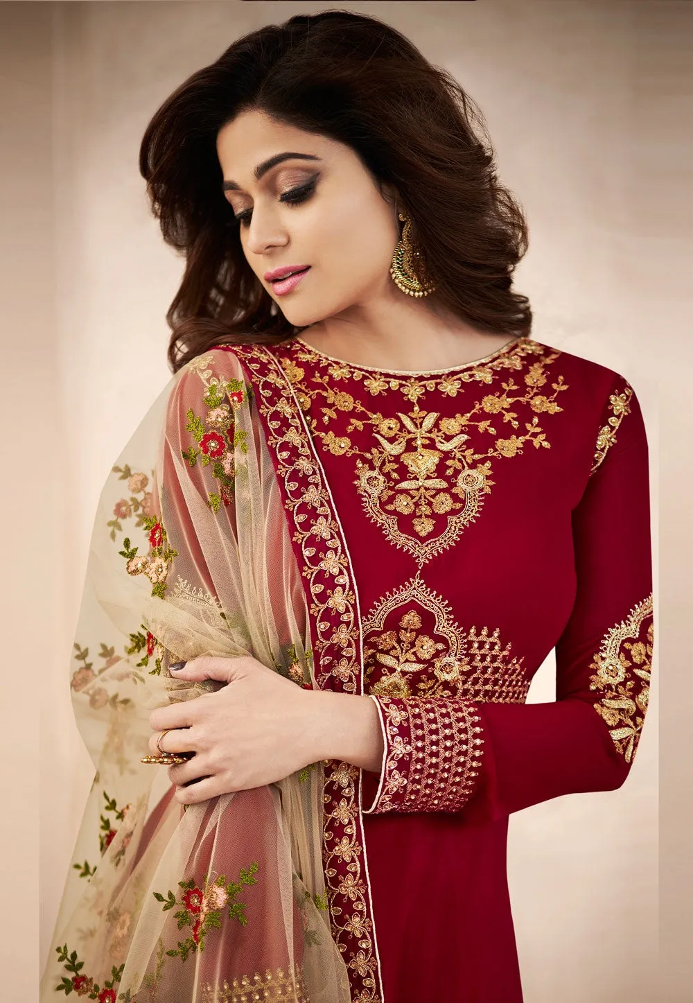 Red Golden Embroidered Georgette Anarkali Suit