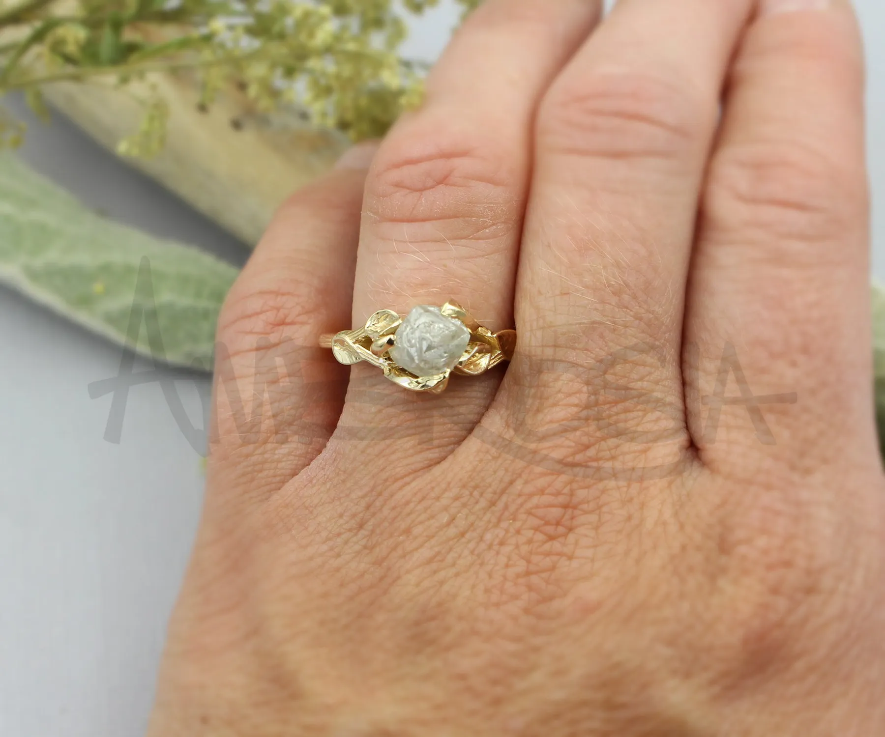Rough Diamond Gold Leaf Engagement Ring
