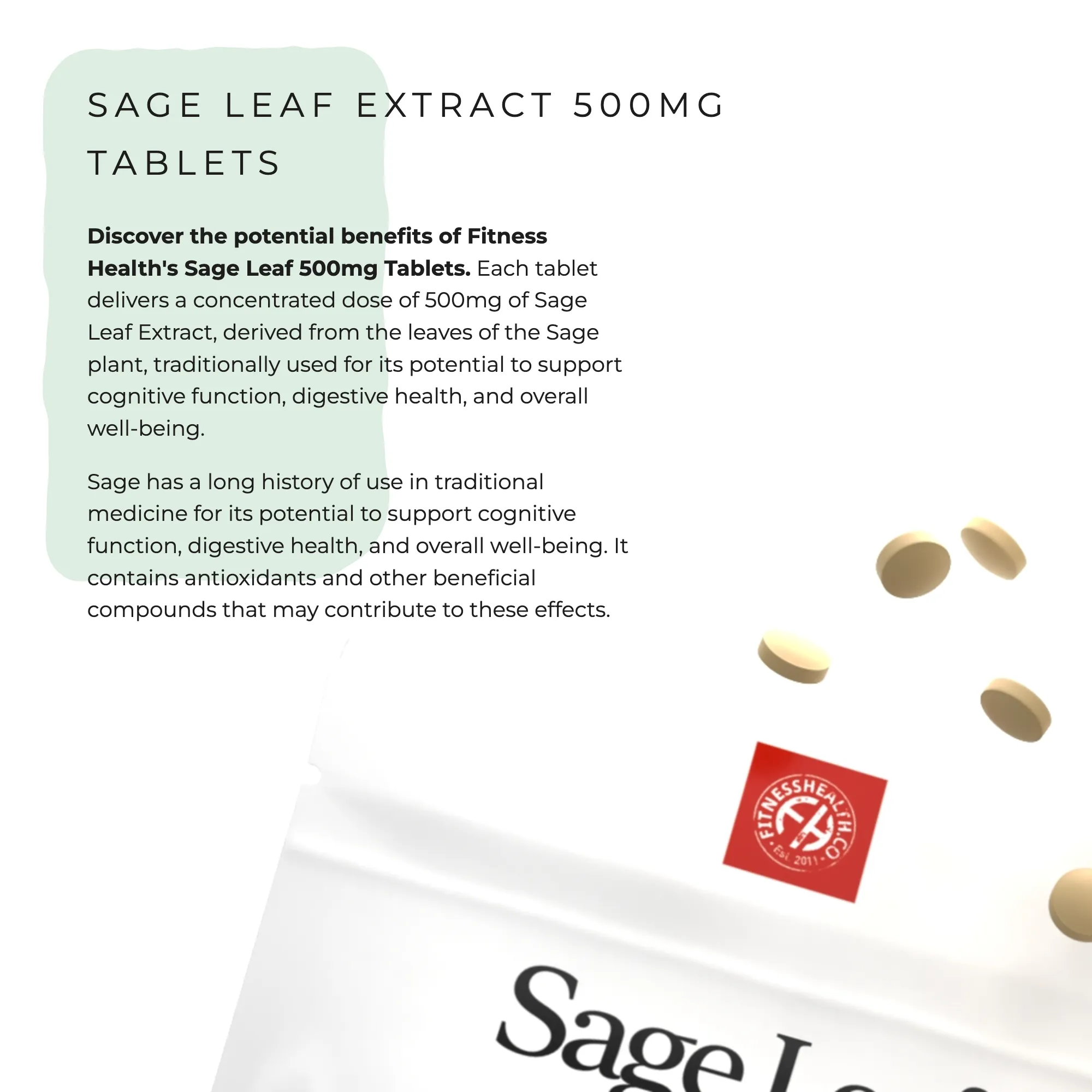 Sage Leaf Tablets 500mg - Menopause Symptom Relief Perimenopause - Vegan - 1 Year Supply - 25% DISCOUNT