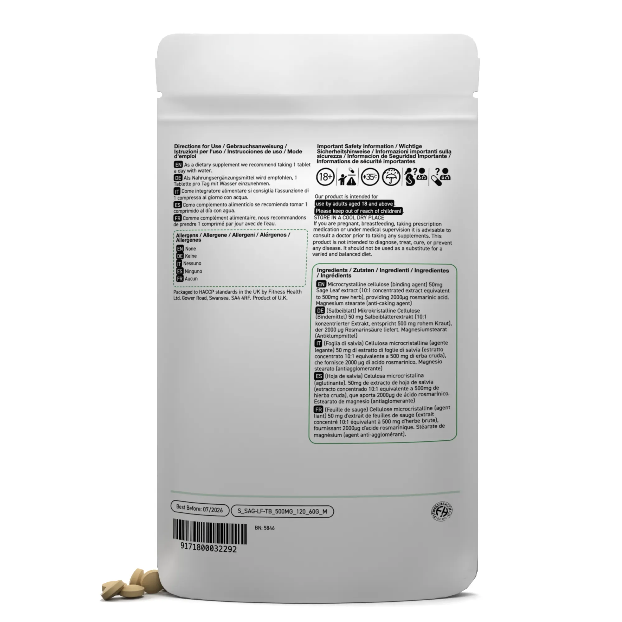 Sage Leaf Tablets 500mg - Menopause Symptom Relief Perimenopause - Vegan - 1 Year Supply - 25% DISCOUNT