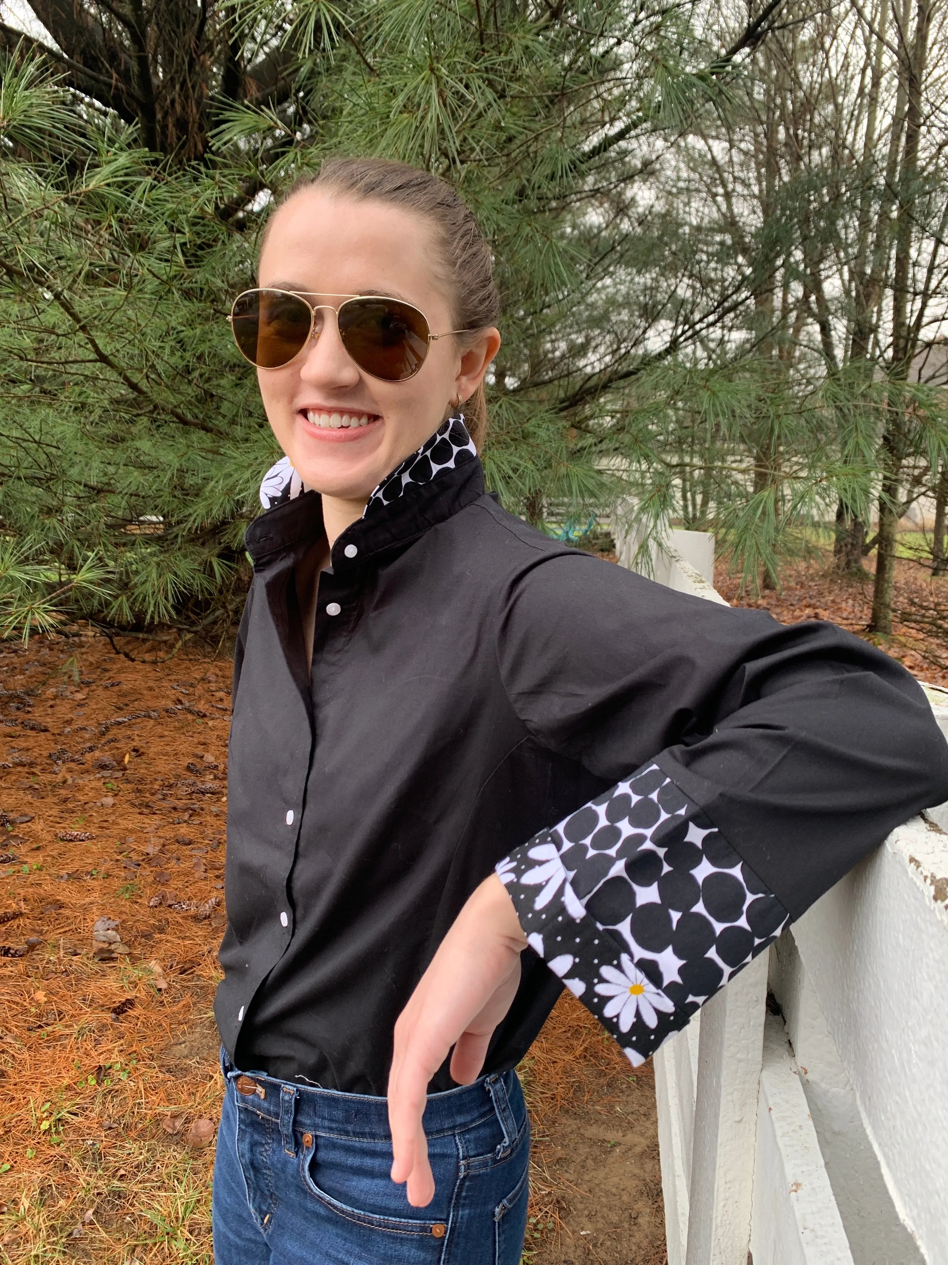 SALE - M ONLY - Beth Black Bell Sleeve w/Black Dot & Daisies (B17)   **FINAL SALE**