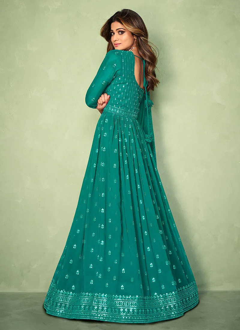 Sea Green Sequence Embroidered Slit Style Anarkali Lehenga Suit