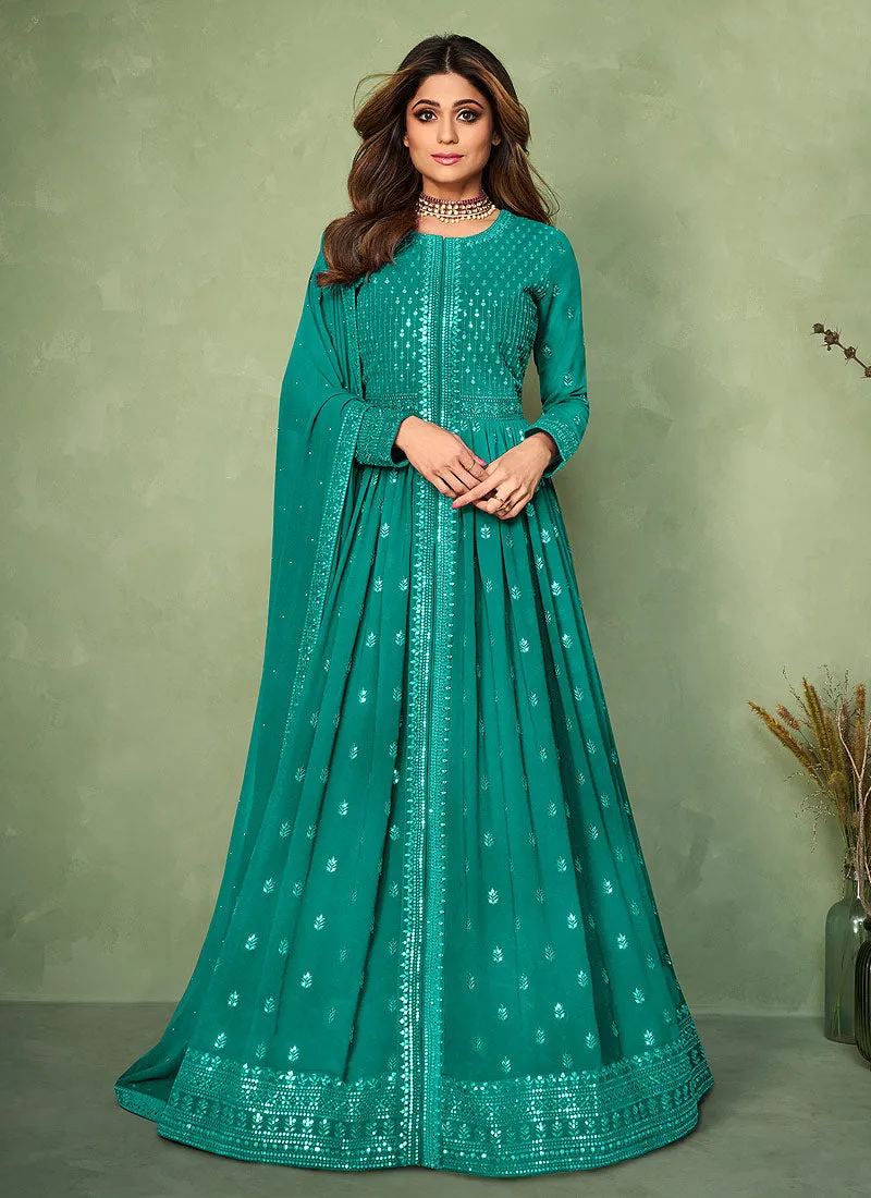 Sea Green Sequence Embroidered Slit Style Anarkali Lehenga Suit